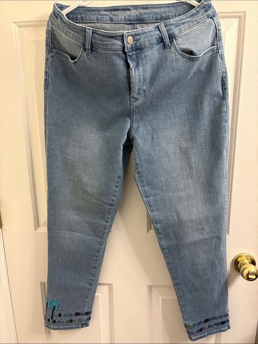 Chico's Light Blue Cropped Ankle Jeans with Embroidered Hem